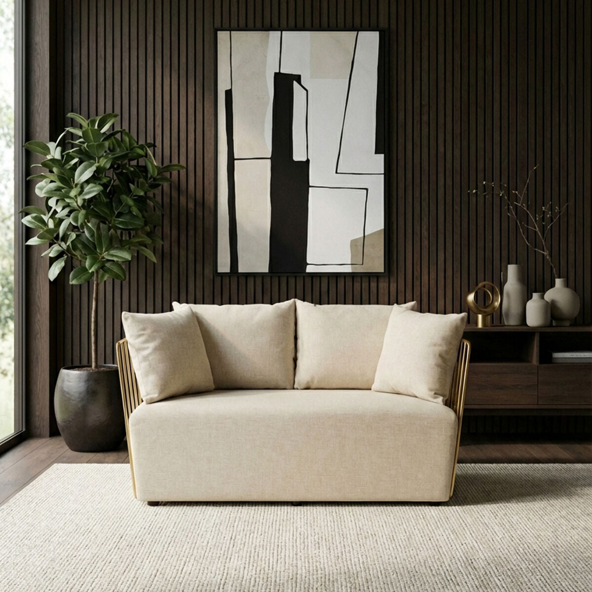 Azalea Natural Fabric 2 Seater Sofa with Gold Finish Frame