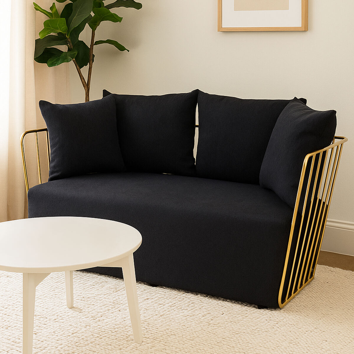 Azalea Black Fabric 2 Seater Sofa with Gold Finish Frame