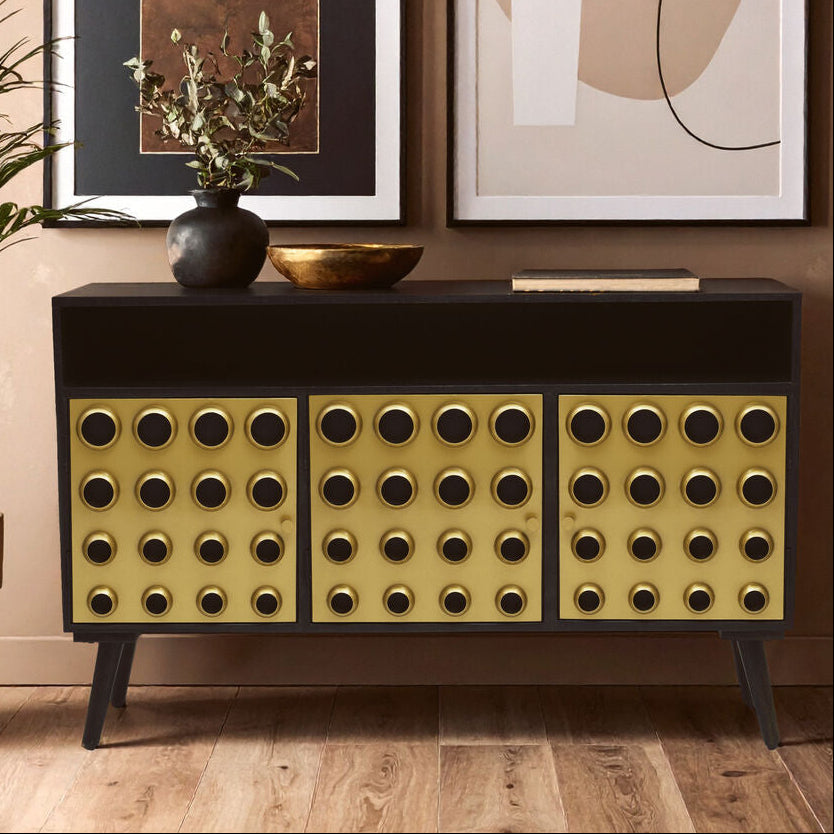 Arti Black Mango Wood and Brass Effect 3 Door Sideboard
