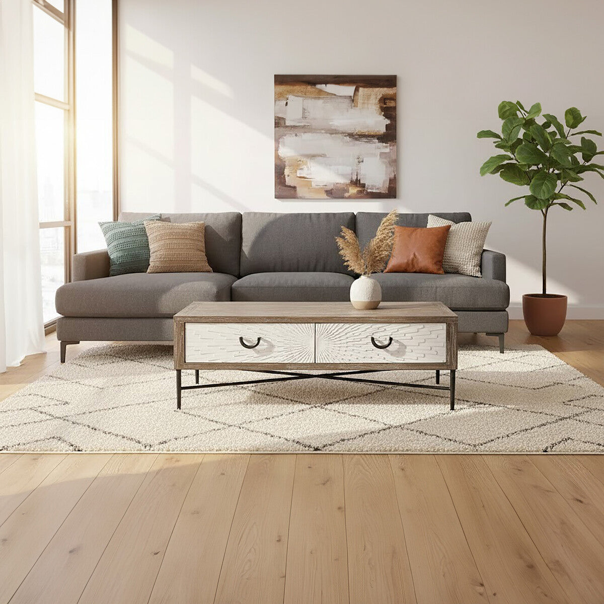 Milan Grey Wash Recycled Elm Wood 2 Drawer Coffee Table