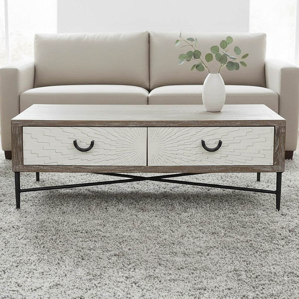 Milan Grey Wash Recycled Elm Wood 2 Drawer Coffee Table
