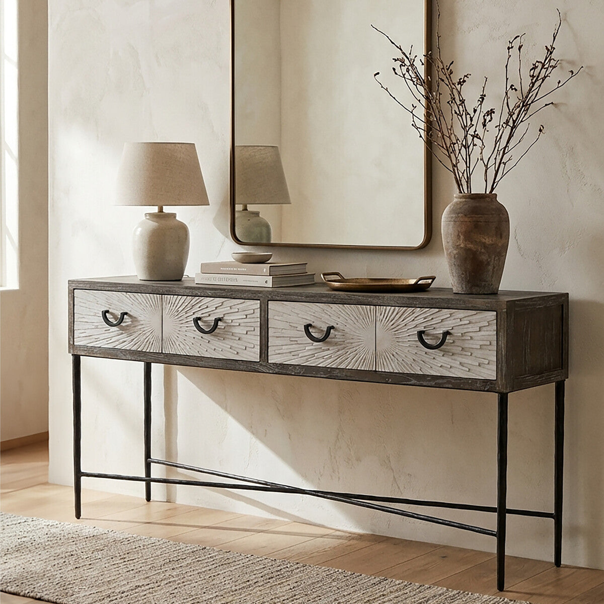Milan Grey Recycled Elm Wood 4 Drawer Console Table