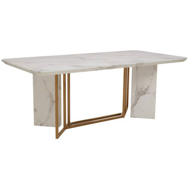 Rectangular White Marble Effect Dining Table with Gold Finish Legs