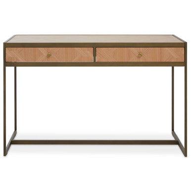 Grenoble Oak Veneer 2 Drawer Desk with Brushed Brass Frame