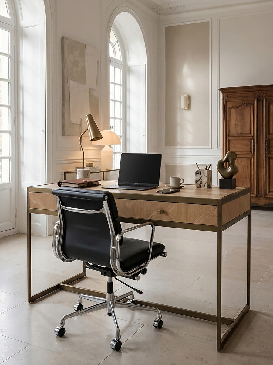 Grenoble Oak Veneer 2 Drawer Desk with Brushed Brass Frame