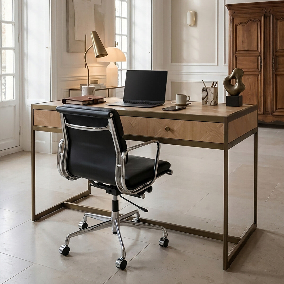 Grenoble Oak Veneer 2 Drawer Desk with Brushed Brass Frame