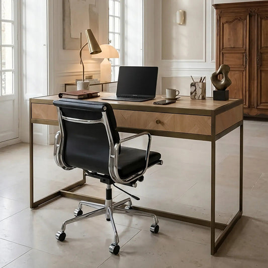 Grenoble Oak Veneer 2 Drawer Desk with Brushed Brass Frame