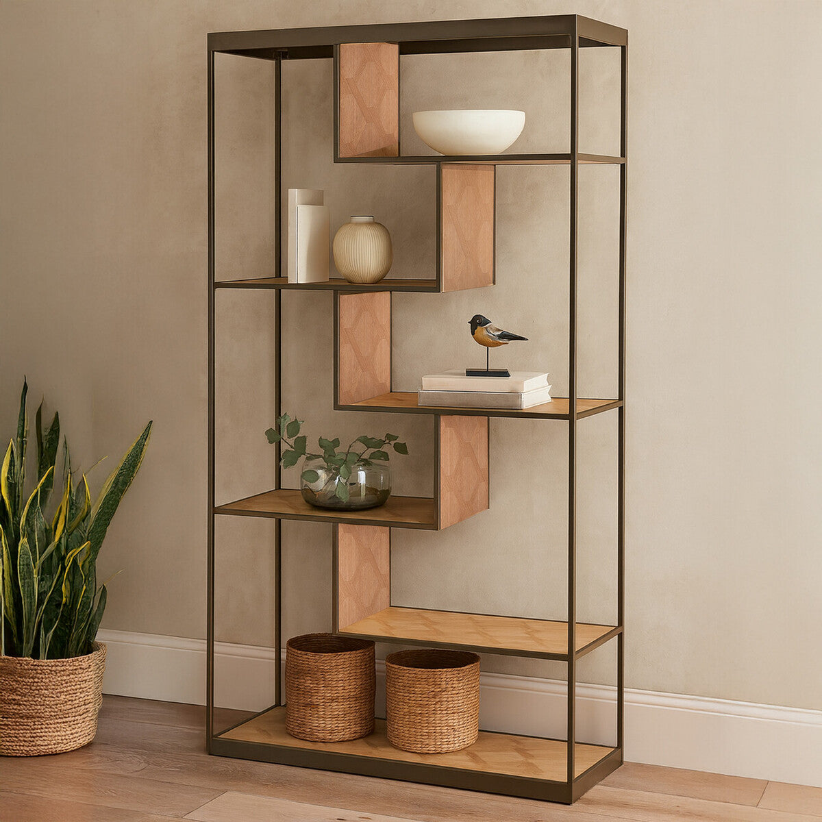 Grenoble Oak Veneer Shelf Unit with Brushed Brass Frame