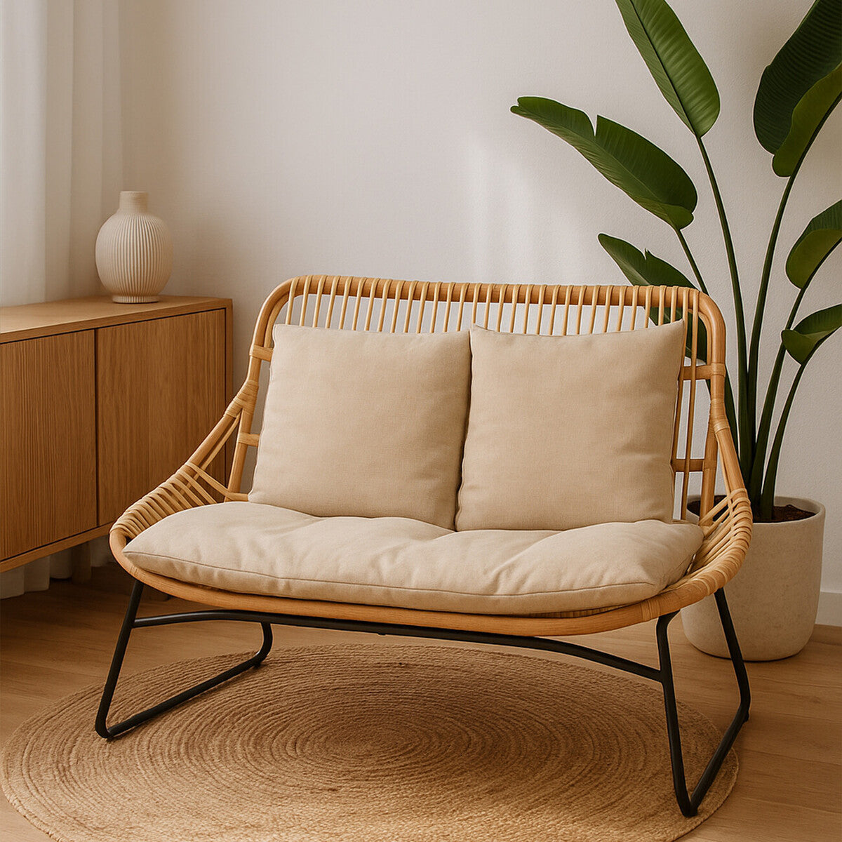 Manado Natural Rattan 2 Seater Sofa with Cushions