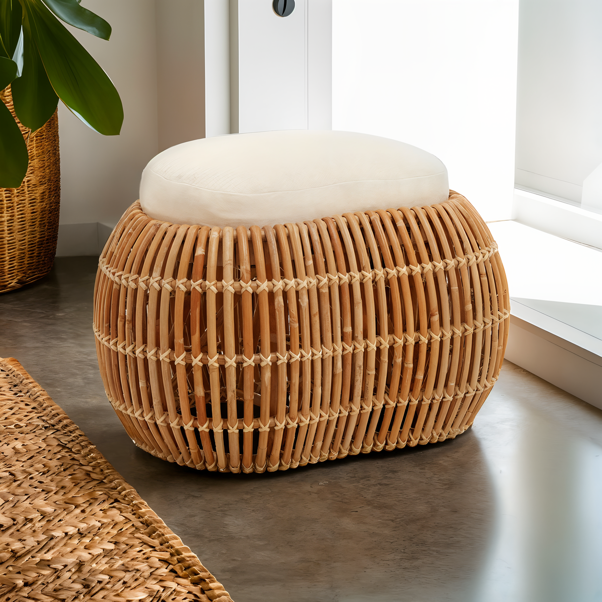Manado Natural Rattan Bench with Cream Cushion
