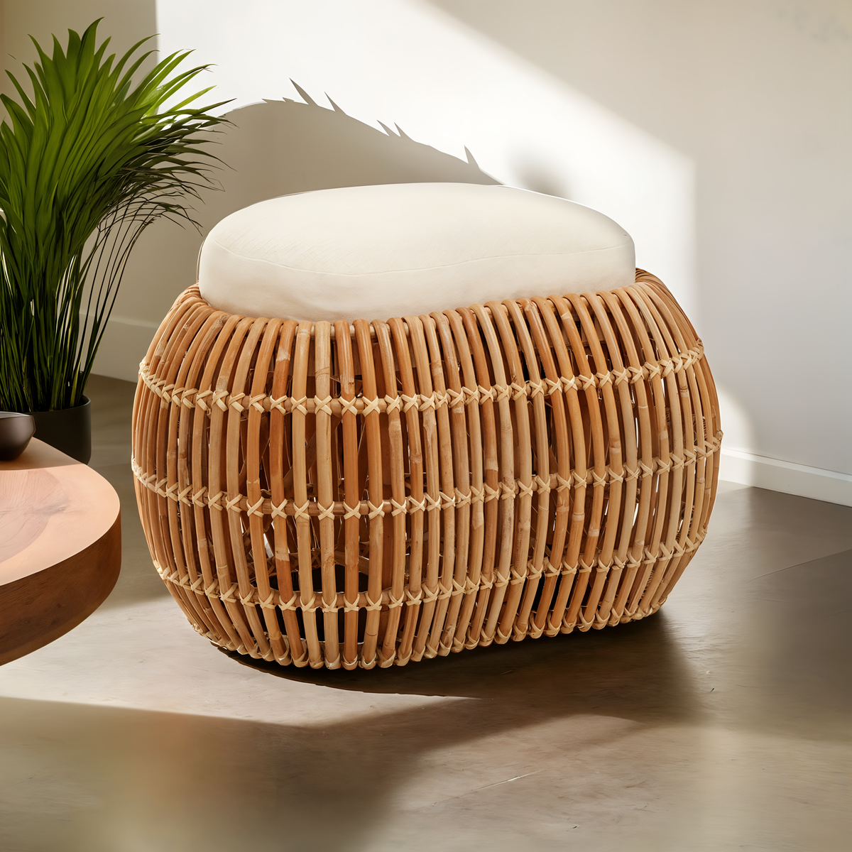 Manado Natural Rattan Bench with Cream Cushion