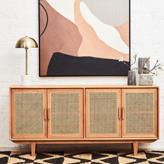 Rattan and Oak Wood 4 Door Sideboard