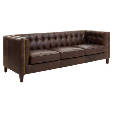 King Dark Brown Leather Button Tufted 3 Seater Modern Chesterfield Sofa