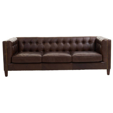 King Dark Brown Leather Button Tufted 3 Seater Modern Chesterfield Sofa