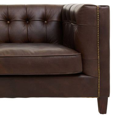 King Dark Brown Leather Button Tufted 3 Seater Modern Chesterfield Sofa