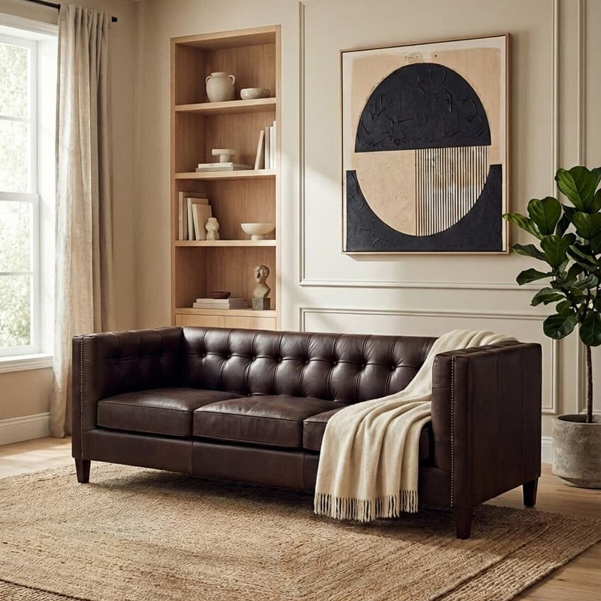King Dark Brown Leather Button Tufted 3 Seater Modern Chesterfield Sofa