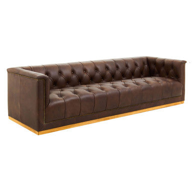 King Dark Brown Leather Button Tufted 3 Seater Modern Chesterfield Sofa with Oak Wood Base