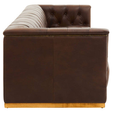 King Dark Brown Leather Button Tufted 3 Seater Modern Chesterfield Sofa with Oak Wood Base