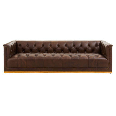 King Dark Brown Leather Button Tufted 3 Seater Modern Chesterfield Sofa with Oak Wood Base