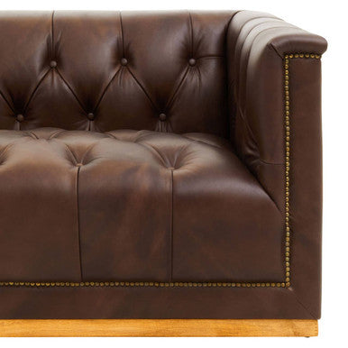 King Dark Brown Leather Button Tufted 3 Seater Modern Chesterfield Sofa with Oak Wood Base