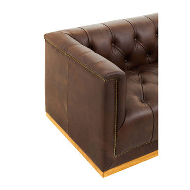 King Dark Brown Leather Button Tufted 3 Seater Modern Chesterfield Sofa with Oak Wood Base
