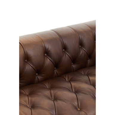 King Dark Brown Leather Button Tufted 3 Seater Modern Chesterfield Sofa with Oak Wood Base