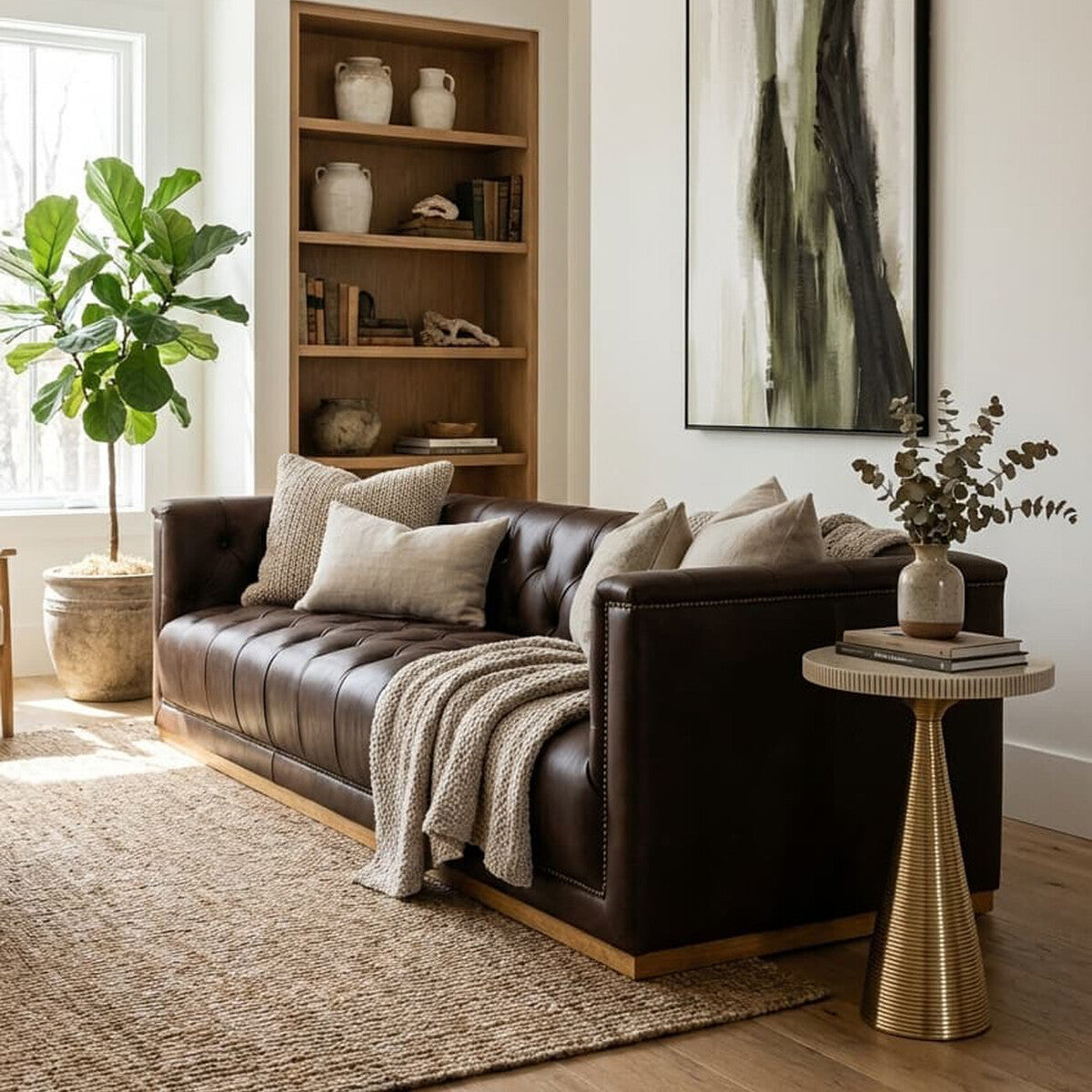 King Dark Brown Leather Button Tufted 3 Seater Modern Chesterfield Sofa with Oak Wood Base