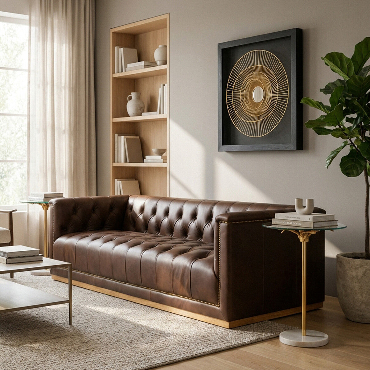King Dark Brown Leather Button Tufted 3 Seater Modern Chesterfield Sofa with Oak Wood Base