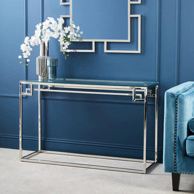 Allure Silver Finish Console Table with Tempered Glass Top