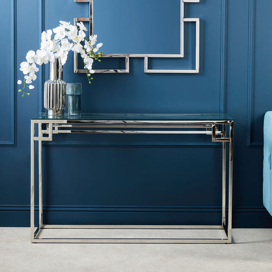 Allure Silver Finish Console Table with Tempered Glass Top