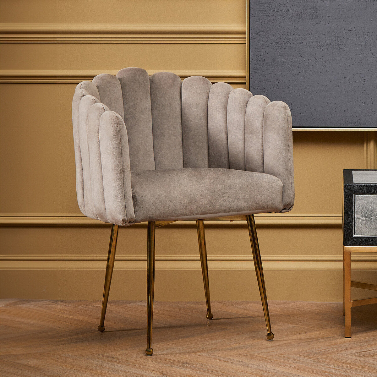 Bari Mink Velvet Scalloped Dining Chair with Gold Finish Legs