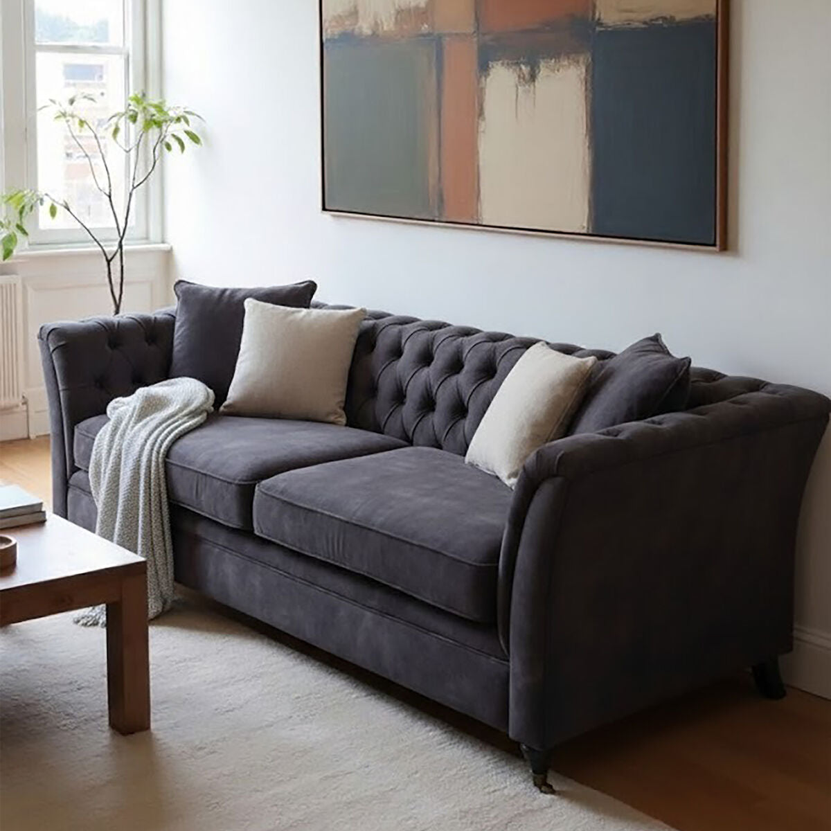 Sabrina Dark Grey Velvet Button Tufted 3 Seater Sofa