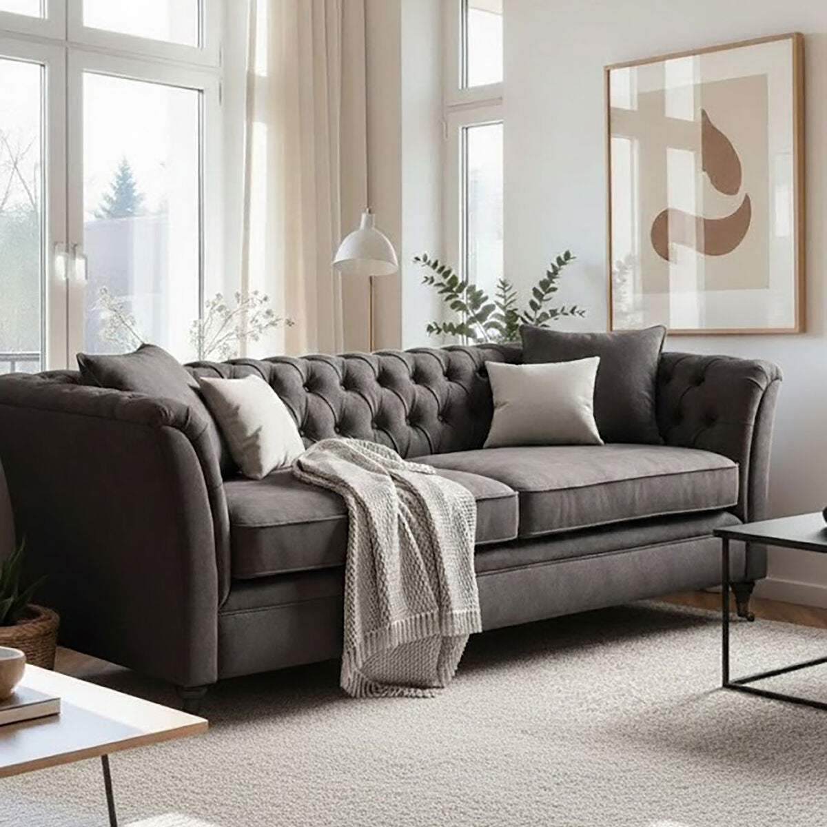Sabrina Dark Grey Velvet Button Tufted 3 Seater Sofa