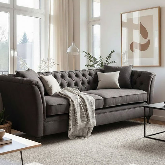 Sabrina Dark Grey Velvet Button Tufted 3 Seater Sofa