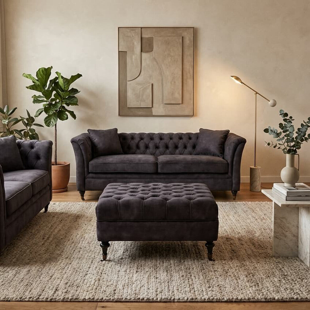 Sabrina Grey Velvet Ottoman with Wheels