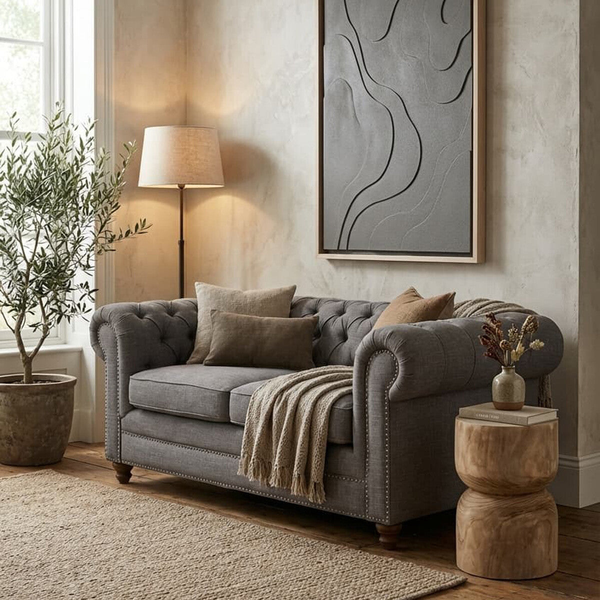 Stella Grey Linen 2 Seater Chesterfield Sofa