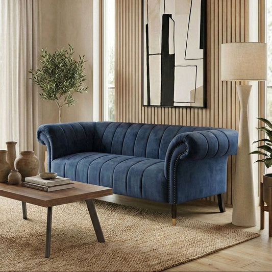 Siena Midnight Blue Velvet Channel Tufted 2 Seater Sofa
