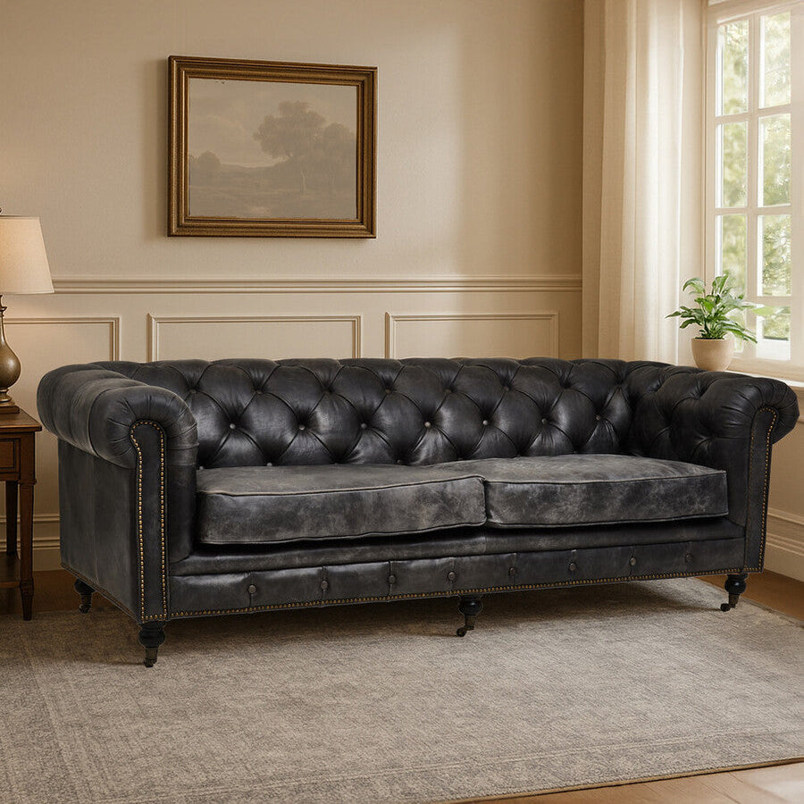 Hoxton Antique Black Leather 3 Seater Chesterfield Sofa
