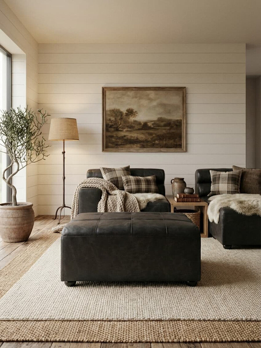 King Antique Black Leather Modular Ottoman