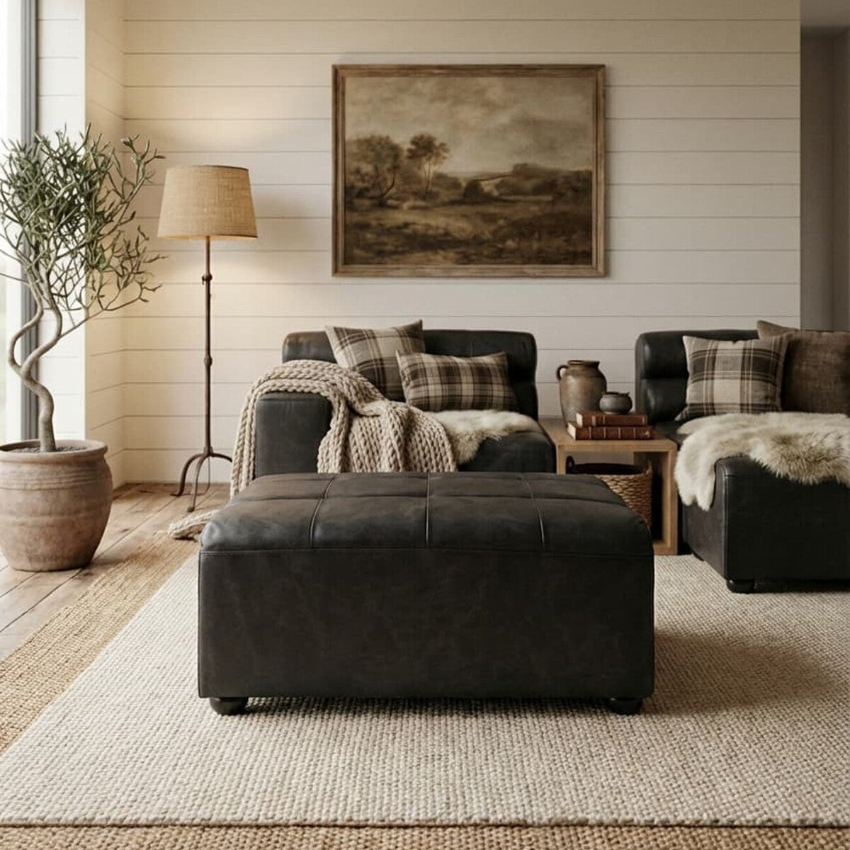 King Antique Black Leather Modular Ottoman