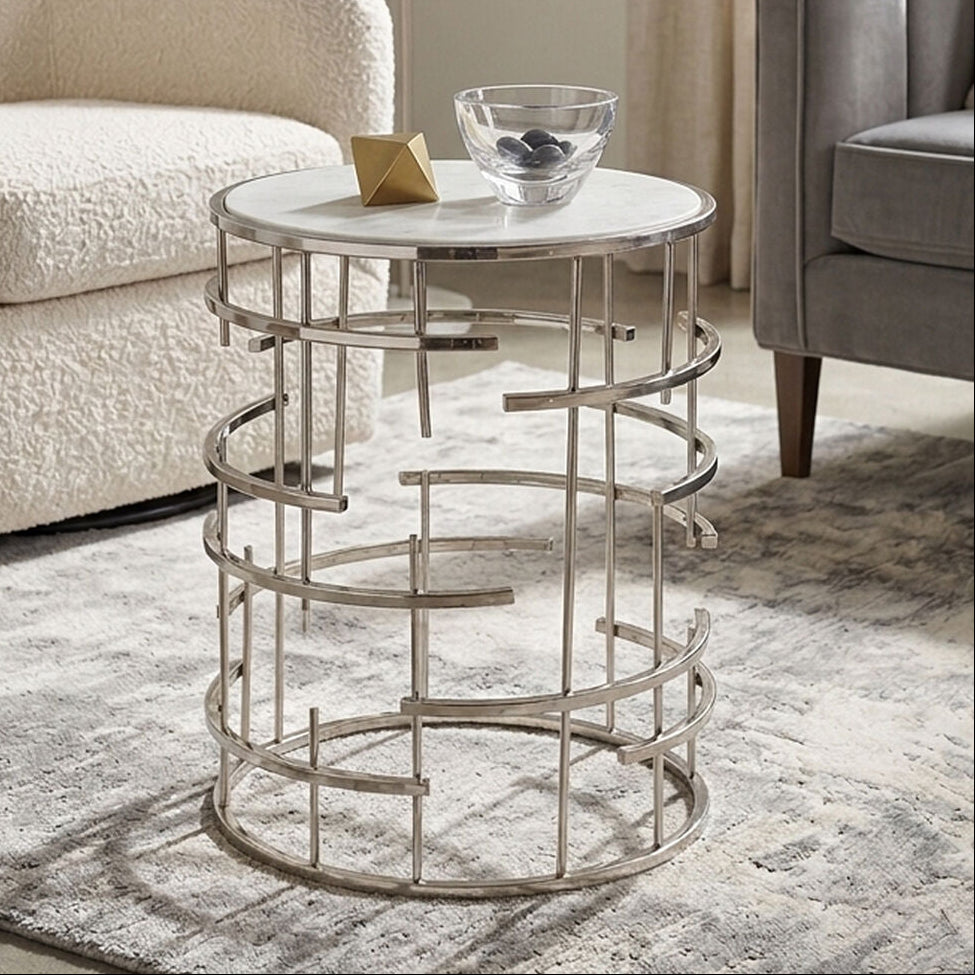 Jaipur White Marble and Silver Finish Side Table