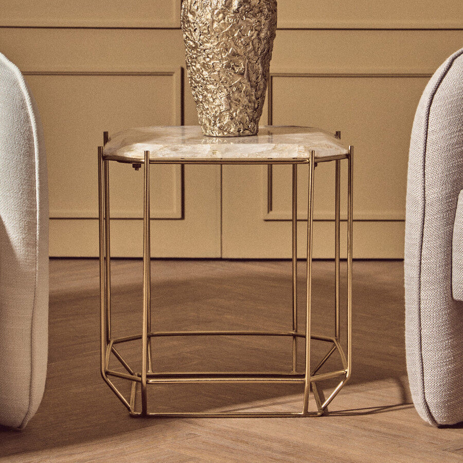 Jaipur White Quartz Side Table with Gold Finish Base