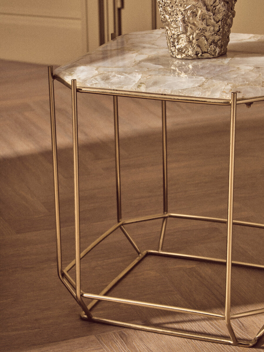 Jaipur White Quartz Side Table with Gold Finish Base