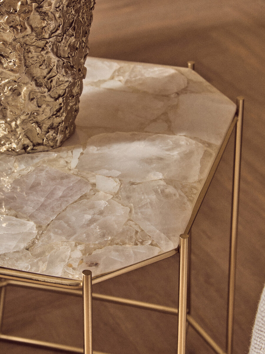 Jaipur White Quartz Side Table with Gold Finish Base