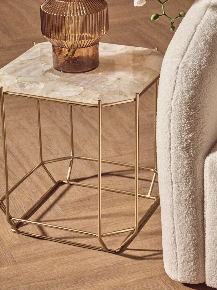 Jaipur White Quartz Side Table with Gold Finish Base
