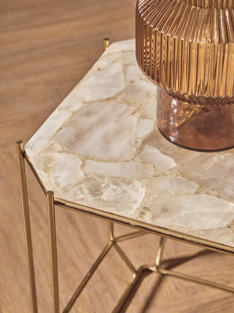 Jaipur White Quartz Side Table with Gold Finish Base