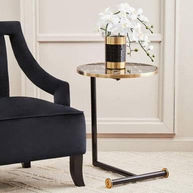 Oria Black Marble Effect Glass Side Table with Black Finish Frame