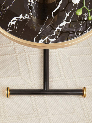 Oria Black Marble Effect Glass Side Table with Black Finish Frame