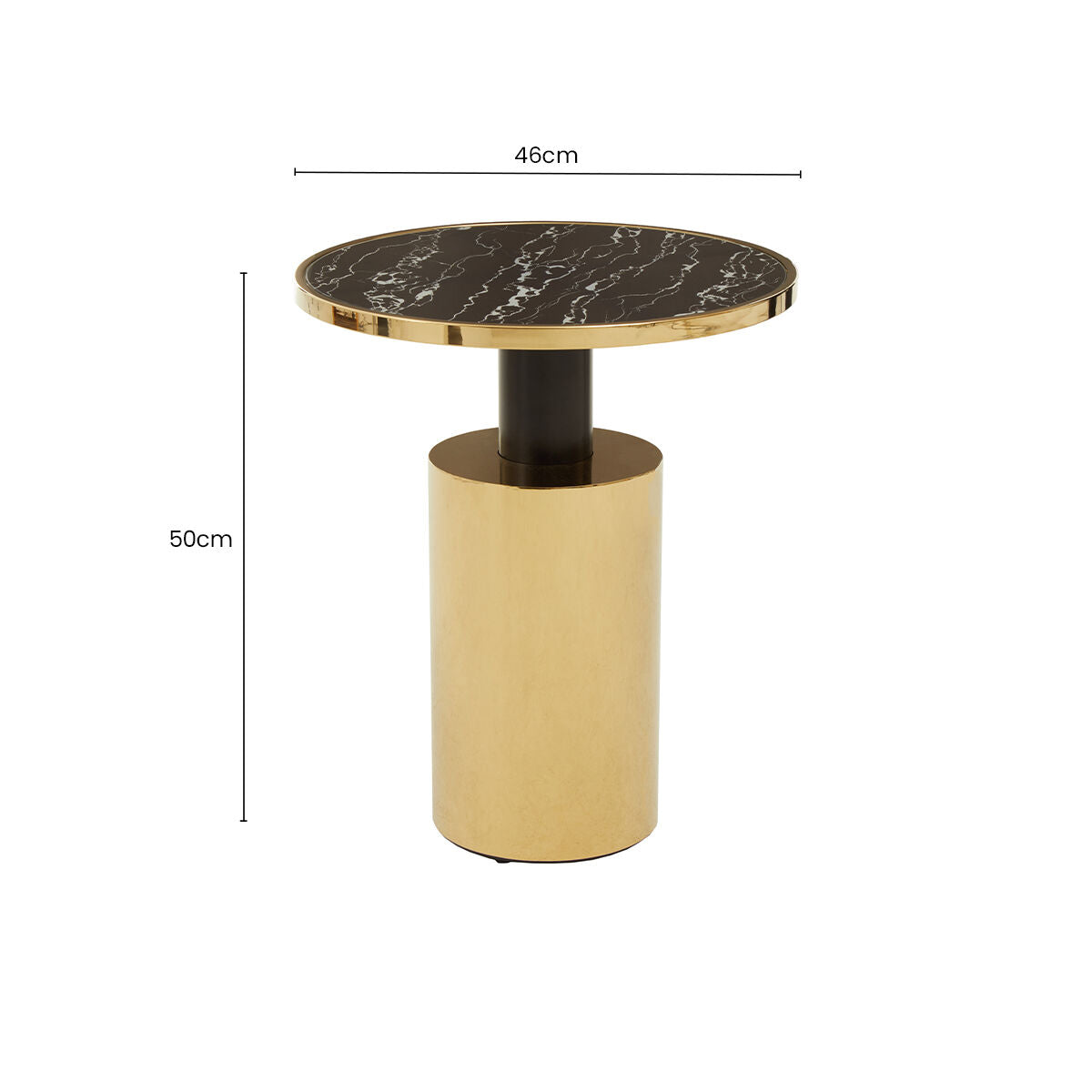 Oria Black Marble Effect Glass Round Side Table with Gold Finish Base