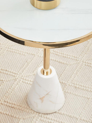 Oria White Glass Round Side Table with Marble Base